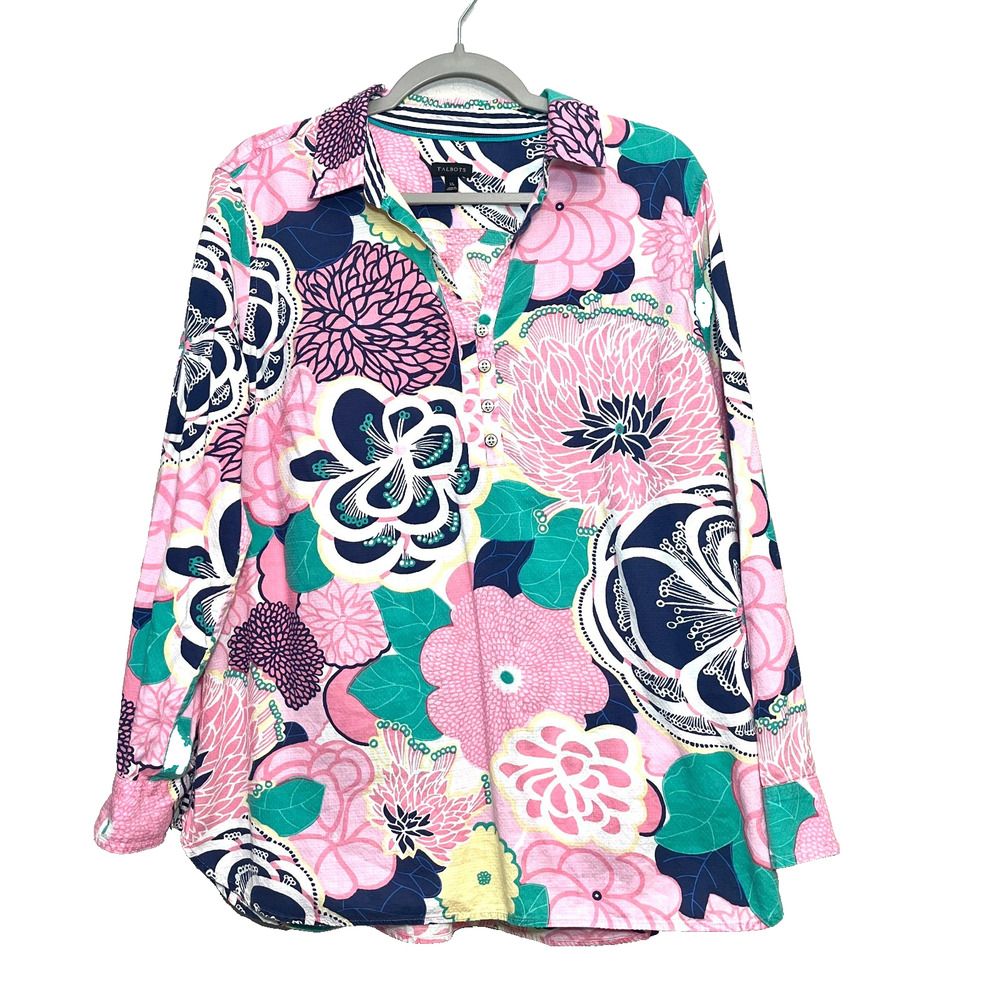 Talbots Vibrant Cotton Button Popover Long Sleeve Top XL Resort Career Office